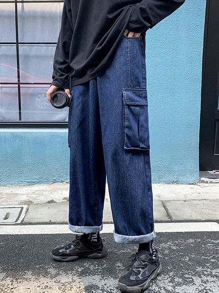 

jeans men's autumn and winter tooling loose large size casual pants korean straight long pants, Blue
