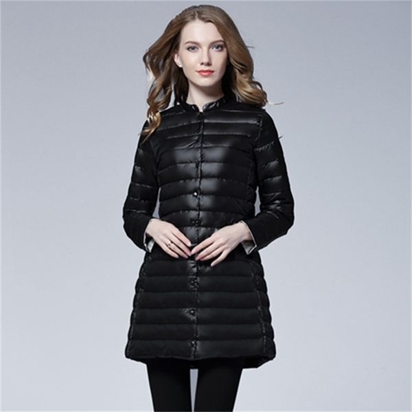 

2021 new womens spring padded warm jackets ultra light down women portable female long feather slim jacket peea, Black