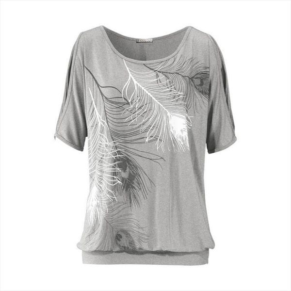 

t shirt women 2021 europe new arrival feather print strapless o neck plus size short sleeved t shirt summer tshirt vestidos t011, White