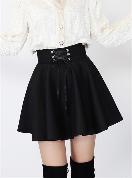 

autumn winter harajuku punk style black and white high waisted lace up a shaped pleated charming plus size skirt short
