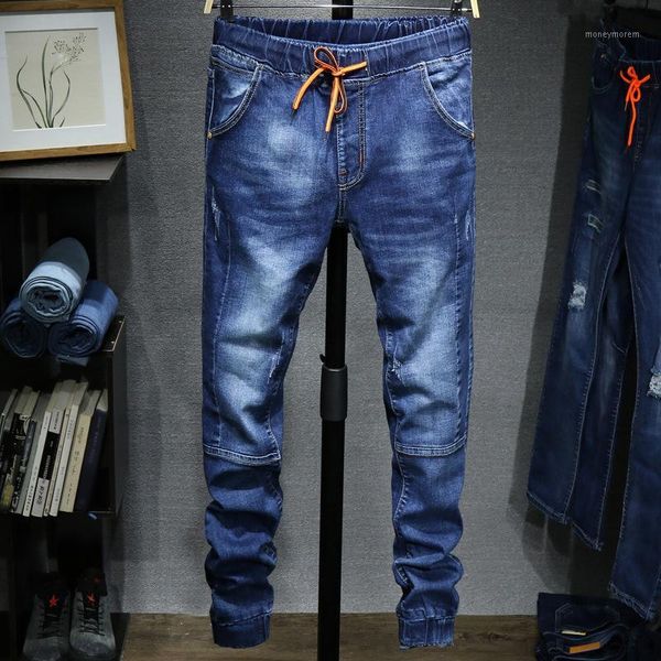 

jeans-man 2018 closing leg fashion male stretch pants feet tide scratched pant drawstring spliced jeans straight skinny trousers1, Blue
