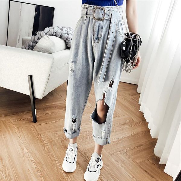 

plus size 5xl jeans women summer 2020 new fashion retro loose high waist ankle length straight wide leg jeans1, Blue
