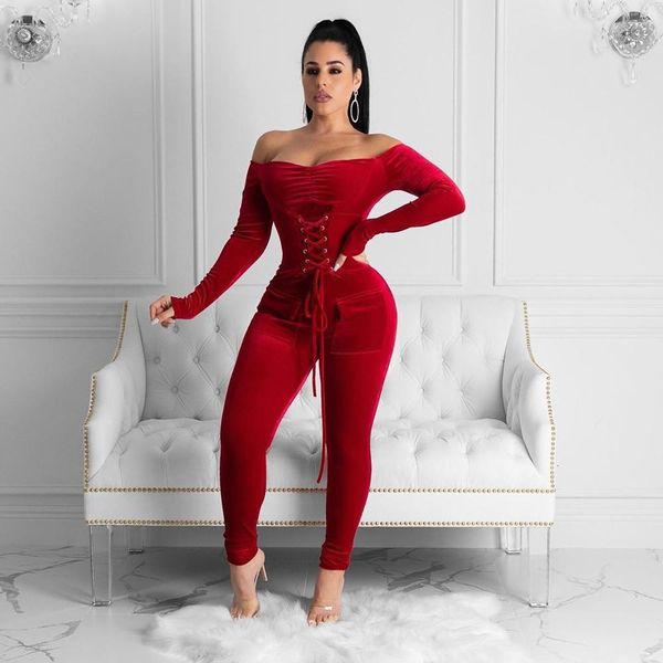 

off shoulder bandage grommet jumpsuit women velvet skinny rompers party club outfits playsuit pocket overalls red, Black;white