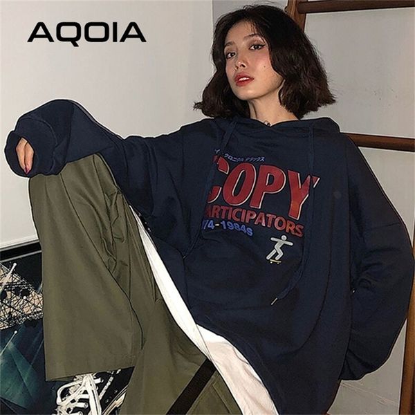 

aqoia autumn harajuku letter printing loose women hoodies thin sweatshirt fake two pieces korean style oversize sweatshirt 201216, Black