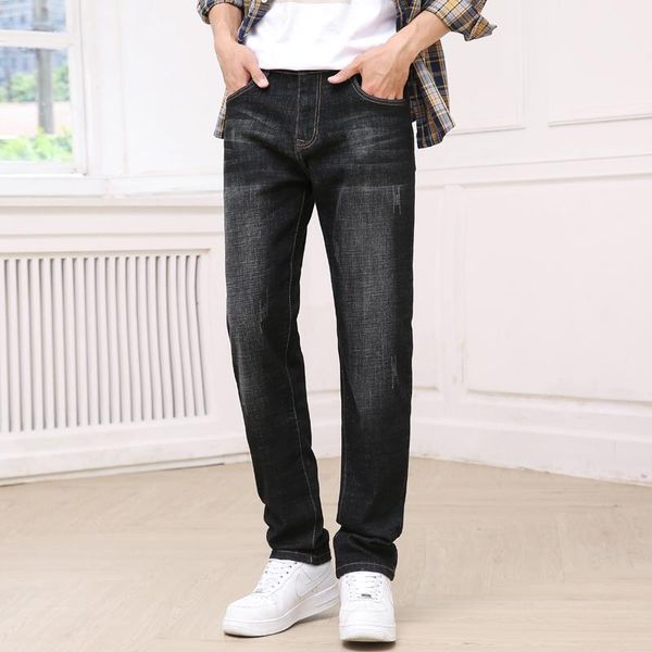 

2020 fall new jeans men's straight loose elastic thick pants youth slim business casual black men's pants, Blue