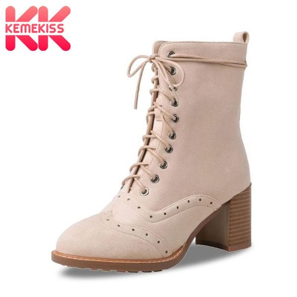 

kemekiss real leather women ankle boots solid color cross-tied women casual shoes thick heel patchwork footwear size 34-40, Black