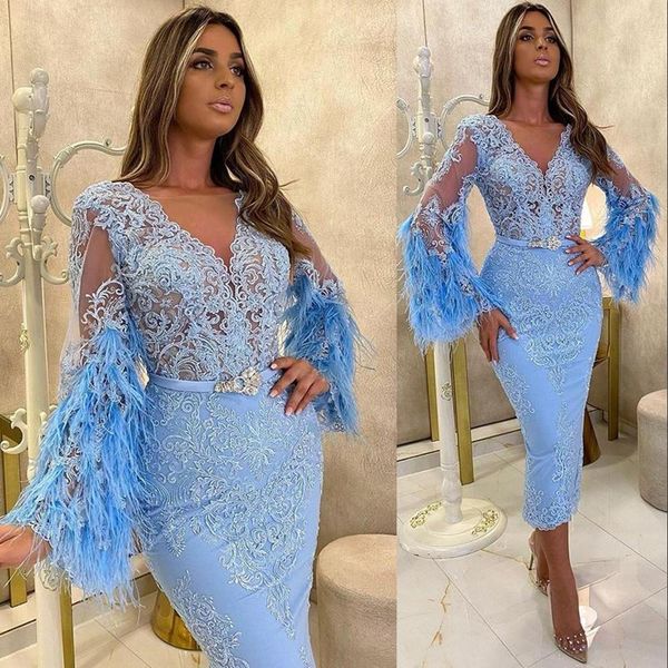 

2021 new sky blue arabic aso ebi short prom dresses long sleeves lace appliques feather tea length evening gowns for girls cocktail dress, Black;red