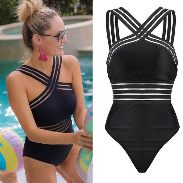 

2020 women swimsuits one piece swimwear for women beach high neck bandage cross back female brazilian swimming suit, Black;white