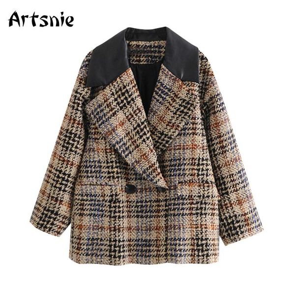 

artsnie winter vintage plaid blazer women notched long sleeve double breasted trench coats streetwear oversized ladies blazers, White;black