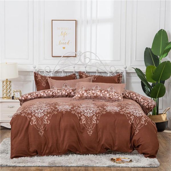 

lace pattern bedding set floral printed duvet cover pillowcase single  king size bed set coffee color bedlinen1