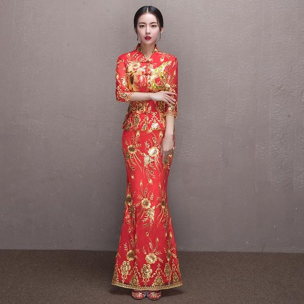

ethnic clothing bride wedding qipao long cheongsam chinese traditional dress slim retro embroidered toast fishtail, Red