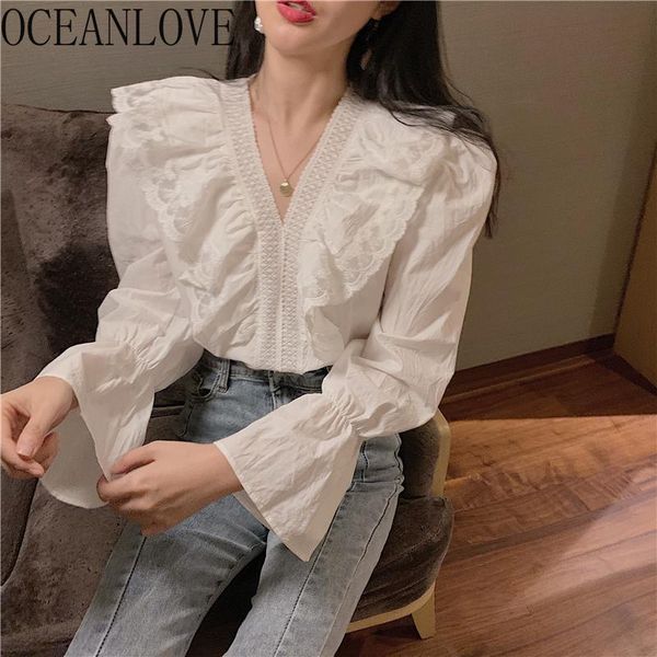 

oceanlove ruffles женские рубашки белый сплошной v шеи 2021 весна элегантные blusas mujer кружева корейский ins мода блузки 19539, White