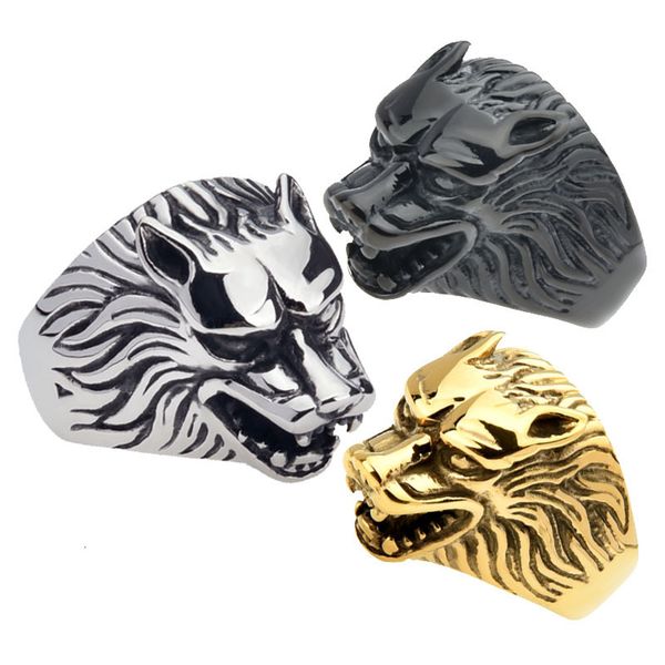

designer fashion wolf head rings for men 316l stainless steel rock punk rings cool biker jewelry classic design animal rings jewelry, Golden;silver