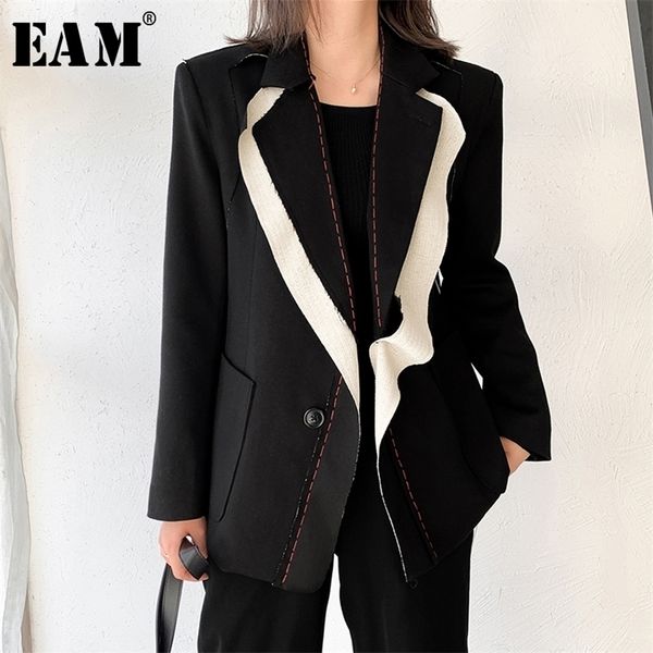 

[eam] women black contrast color burr blazer new lapel long sleeve loose fit jacket fashion tide spring autumn 2020 lj201214, White;black