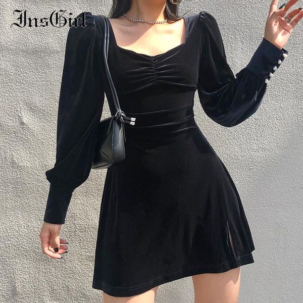 

insgirl осенняя сладкая темный гот черный велевка платье женщины v-образным вырезом высокая талия жемчужина пряжка с длинным рукавом сплит м, Black;gray