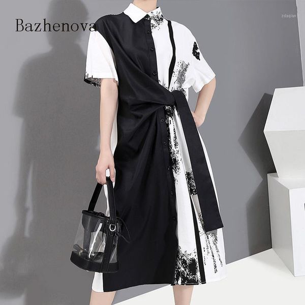 

casual dresses women's printed stitching streetwear 2021 korean sashes notched asymmetrical dress mid-calf summer dresst13831, Black;gray