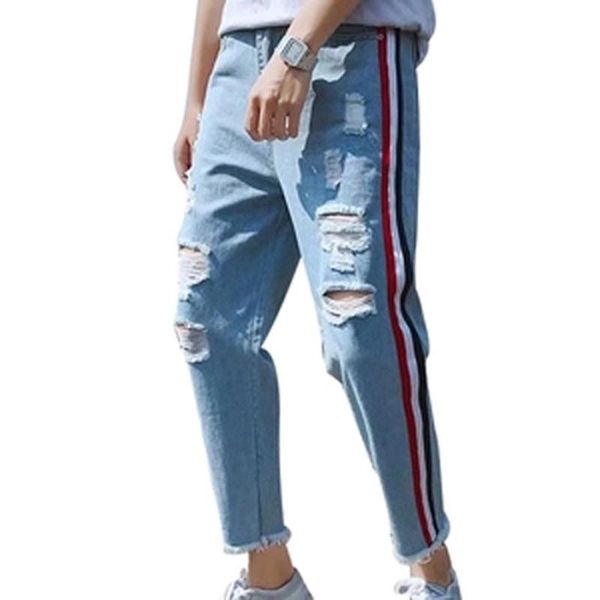 

винтажные разорванные джинсовые джинсы мужчины 2020 свободный плюс размер боковой полосатый хип-хоп мужчины джинсы уличная одежда синие лунк, Blue
