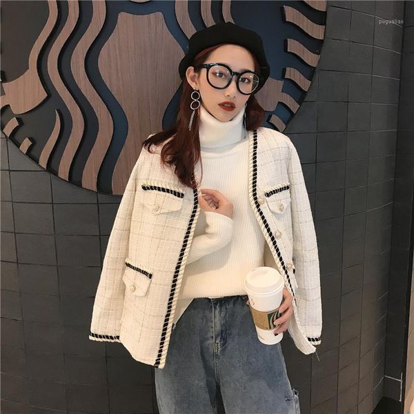 

women's short jacket vintage ladies autumn spring new korean plaid woolen coat college style slim lurex piping tweed jackets1, Black;brown