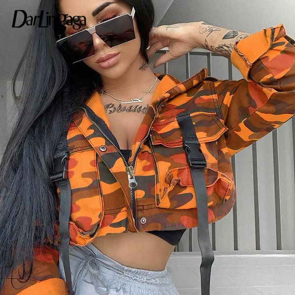 Darlingaga Streetwear Orange Camouflage Cargo Bomber Jacke Mantel Taschen Schnalle Mode Herbst Jacke Frauen Cropped Outwear Camo T200111