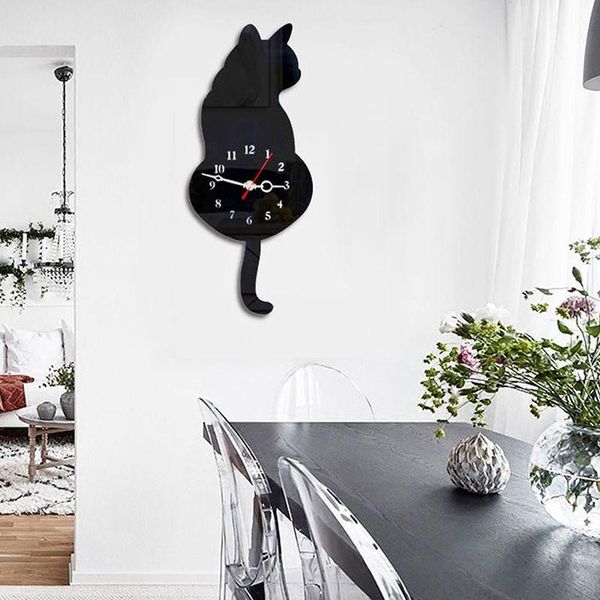 

3d cute cat wall clock wag tail silence home decoration kids gift black