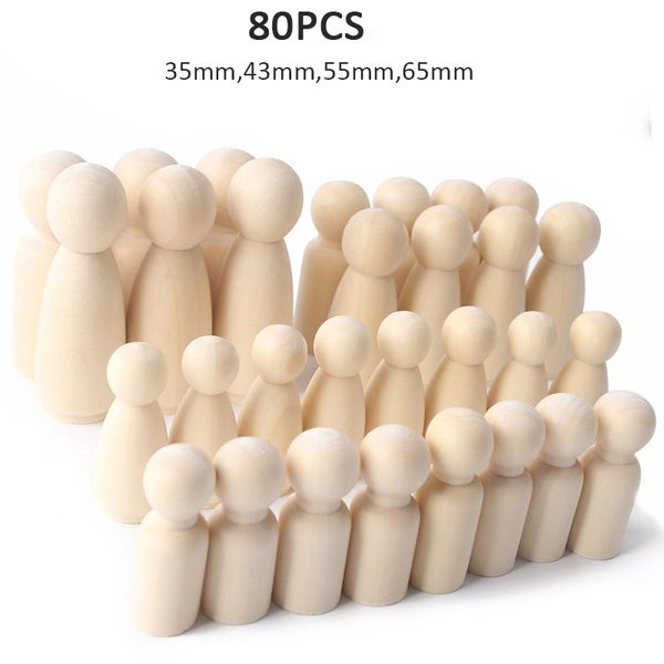 80 pcs 55mm 65mm em branco em branco Mini PEG sem pintura Decoração de madeira figuras DIY Natural artesanato de madeira Família de madeira PEG Dolls 201201