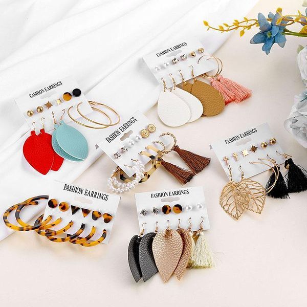 

en fashion leaf leather tassel drop earrings set for women vintage circle round crystal pearl stud earring 2020 boho jewelry1, Silver