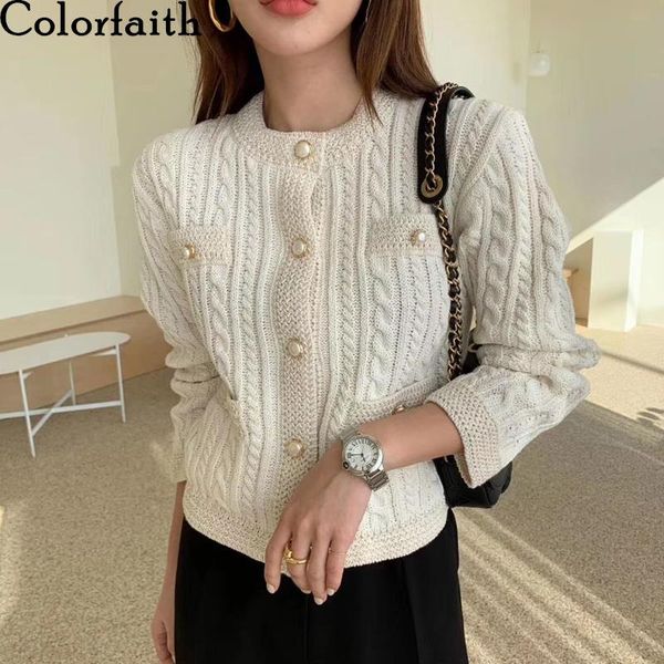 

colorfaith new 2021 autumn winter women's sweaters casual buttons short cardigans fashionable korean ladies knitwears swc2223jx, White