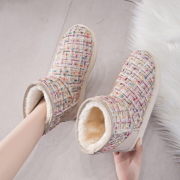 

shoes snow boots for women flat heel plush boots-women round toe winter footwear ankle low lolita fur ladies 2021, Black