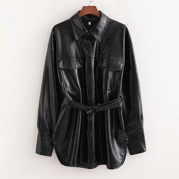 

hadara fashion tie belt waist pu jackets women elegant turn down collar front pockets coats women side split jackets ladies, Black;brown