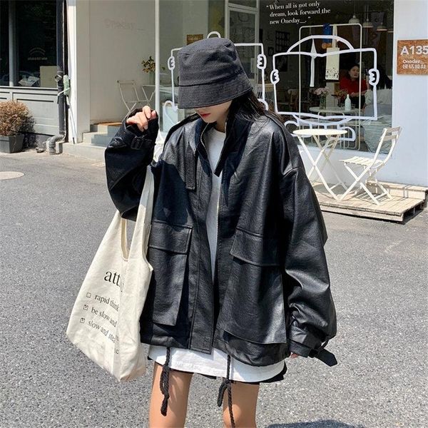 

women's leather & faux alien kitty all-match drawstring vintage cute locomotive girl 2021 chic autumn brief cool pu office lady fashion, Black