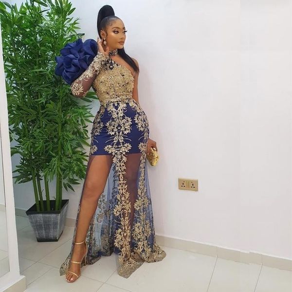

see through prom dresses mermaid one shoulder flowers lace appliques illusion aso ebi party dress gowns robe de soirÃ©e, Black