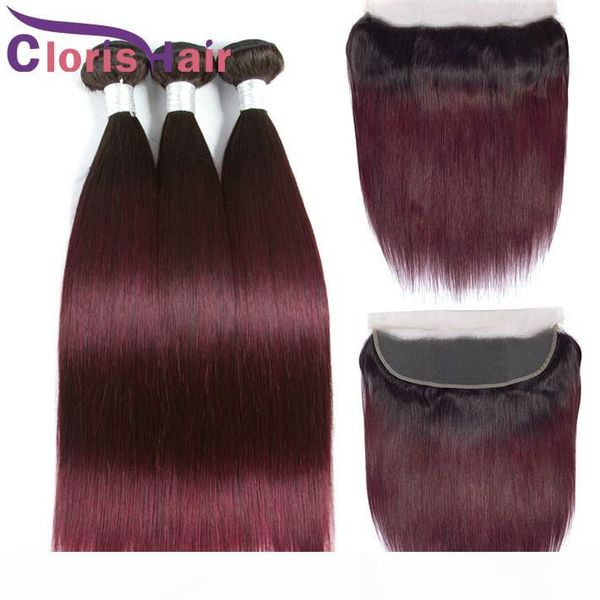 

burgundy ombre human hair peruvian virgin straight bundles with closure ear to ear 13x4 full lace frontal colored 1b 99j weaves closure 4pcs, Black;brown