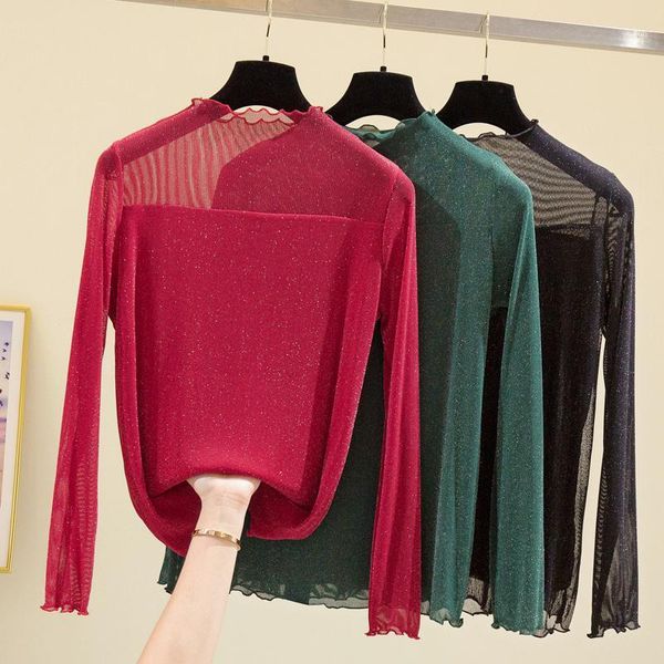 

coigarsam 4xl plus size loose blouse women spring mesh turtleneck blusas womens and blouses dark green red black 65121, White