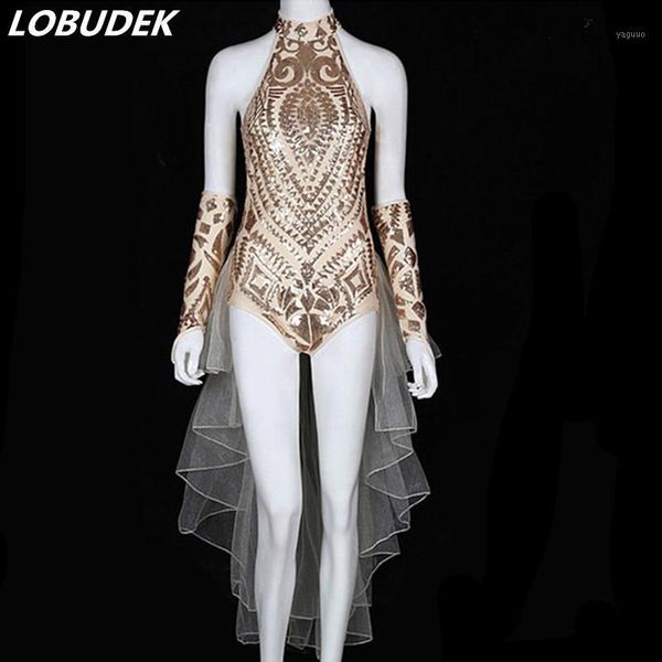 

halter collar gold sequins backless bodysuit women stage wear bar nightclub female dj singer party performance costume1, Black;red