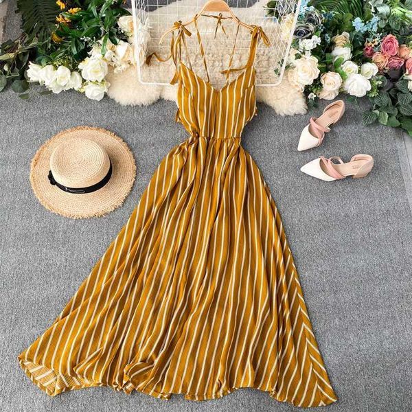 

ailegogo new v-neck spaghetti strap striped maxi dress women summer elegant backless high waist slim bohemian long dress1, Black;gray