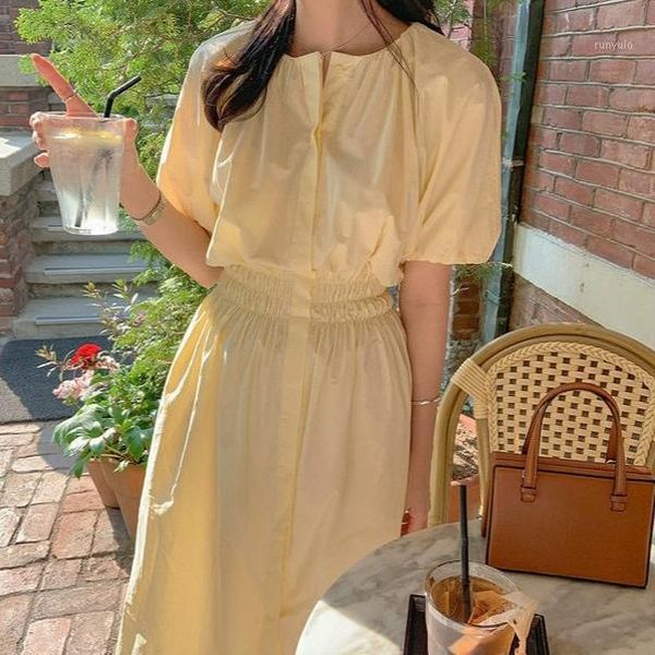 

korean women long summer dress 2020 short sleeve single breasted elastic waist solid color ladies dresses casual beach sundress1, Black;gray