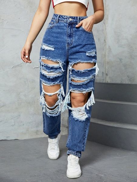 

high waist ripped jeans 52bc#, Blue
