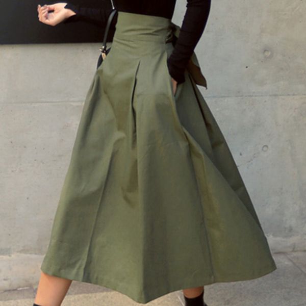 

ewq] 2020 autumn high waist slim skirts women's skirts korean fashion solid color large swing skirt ladies armygreen long jupe q1209, Black