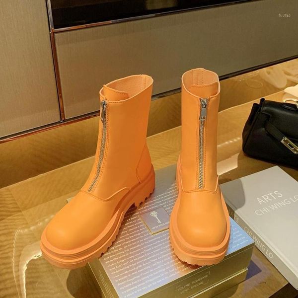 

women boots front zipper thick sole boots female 2020 new autumn candy color flat thin increase locomotive short1, Black