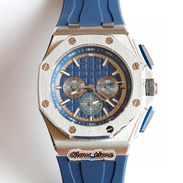 

edition 44mm blue date dial 26480ti.oo.a027ca.01 3126 automatic mechanical mens watch silver steel case rubber strap gents watches, Slivery;brown