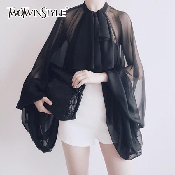 

bowknot chiffon blouse shirt women lantern sleeve tulle transparent large size spring summer casual1, White