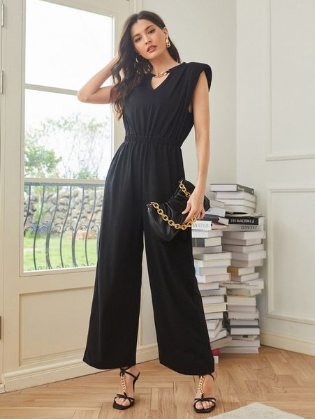 

chain detail shoulder pad wide leg jumpsuit m41i#, White