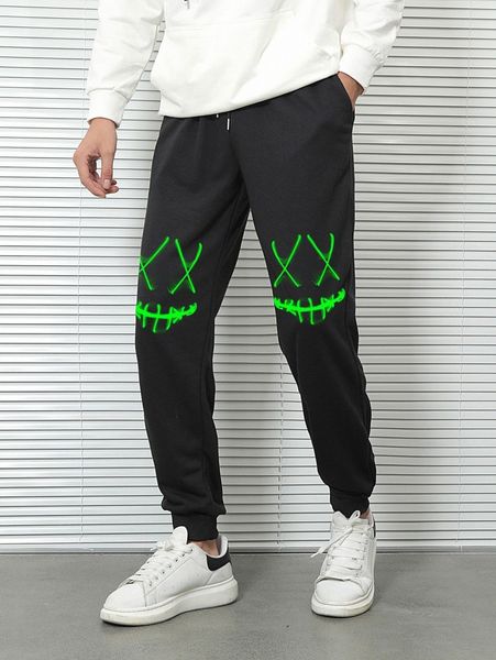 

romwe guys graphic drawstring sweatpants t27d#, Black