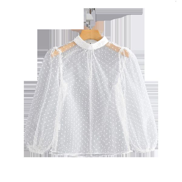 

2021 summer new women western style mesh small dots round neck single-breasted tulle blouse shirt female top, White