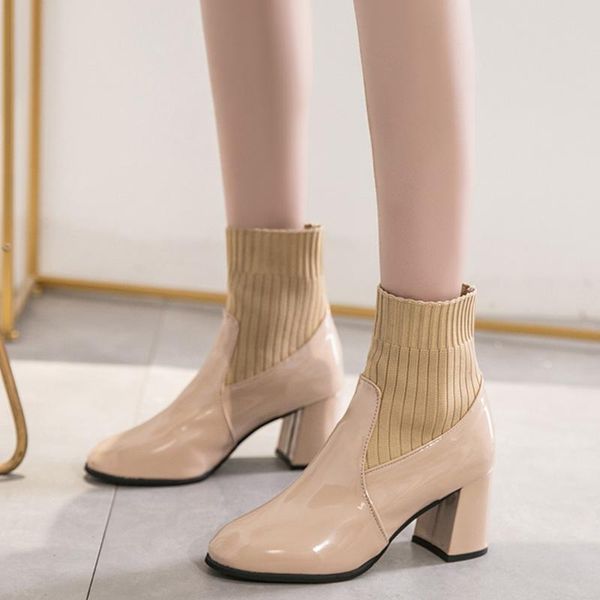 

boots brown ankle heels women fashion mixed colors square pointed toe shoes party boots#4, Black