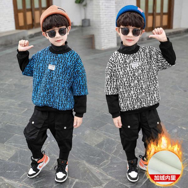 

all over lettered plush high boys' collar sweater autumn and 2020 new children's korean winter et, Black