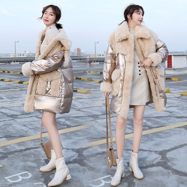 

long women coats bright female winter thicken down parker jackets lambswool splice more size femmes manteaux zjmu, Black