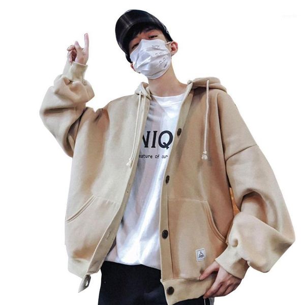 

yfashion korean style women men hoodies long-sleeve oversize coat men sweatshirt loose thick button coat for campus sports1, Black