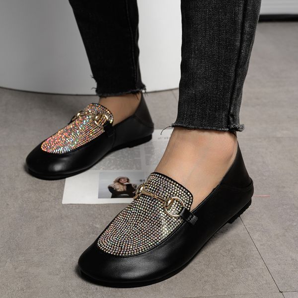 

women flat shoes slip on brand designers 2020 fashion luxury rhinestones loafers ladies boat shoes summer leather shoes c1120, Black