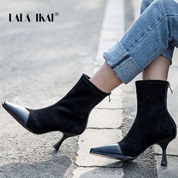 

lala ikai 2020 autumn winter warm pointed toe boots ladies zipper high heels boots stiletto botas zapatos de mujer wc6394-4, Black